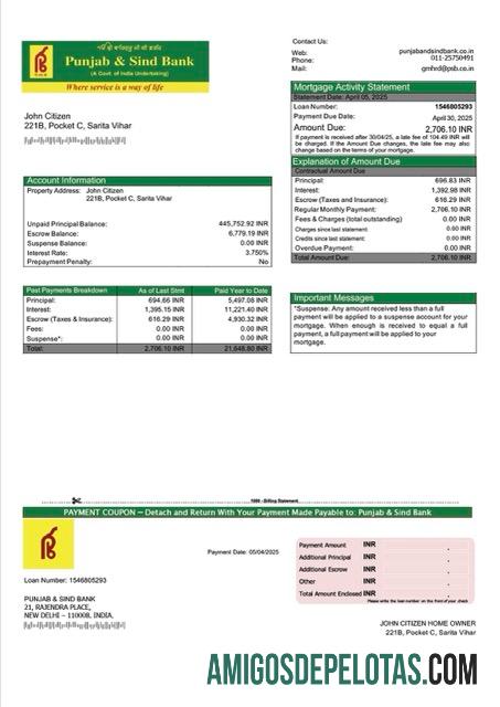 realista Modelo Word e PDF de extrato de hipoteca do India Punjab e Sind Bank